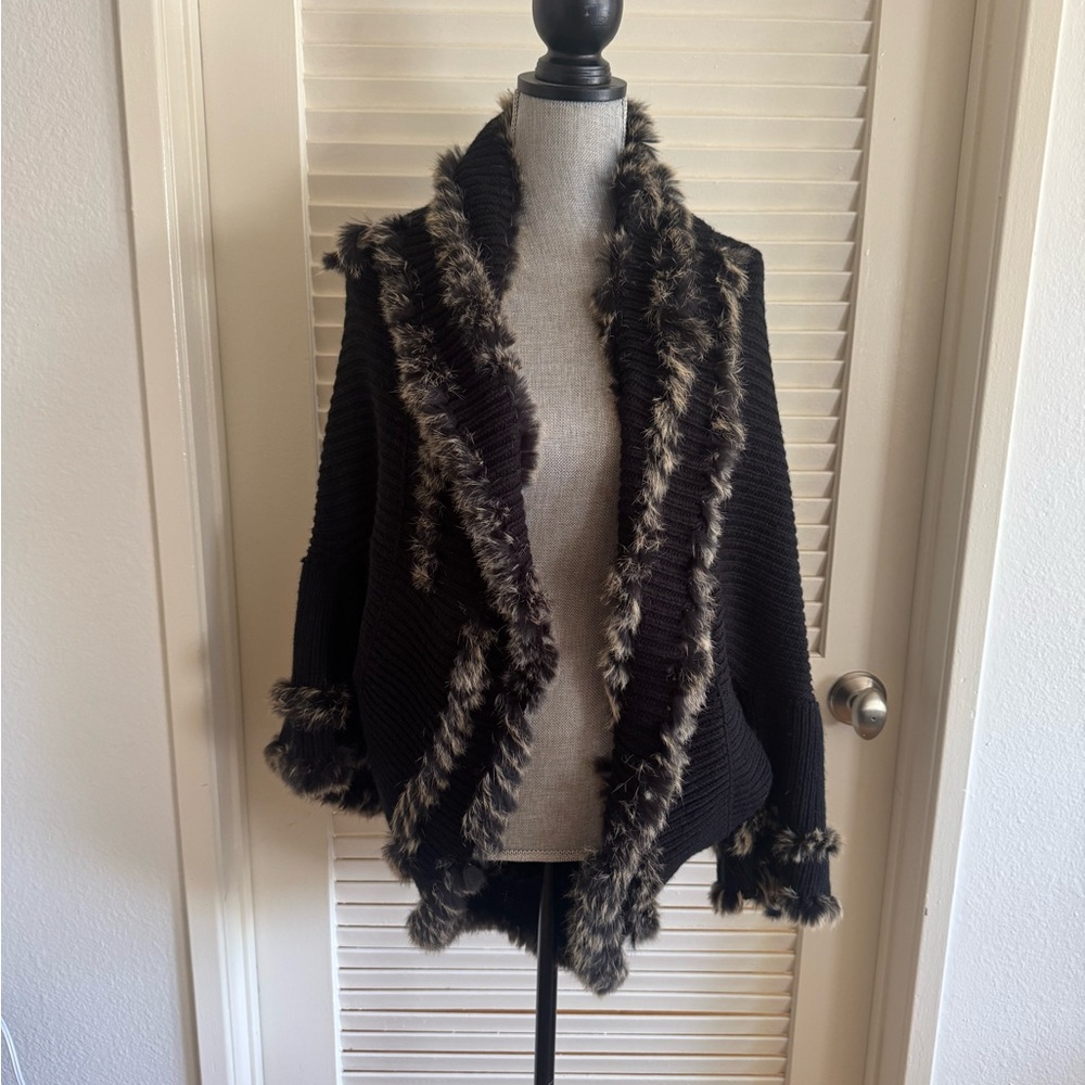 Sioni black infinity wool blend cardigan with real rabbit fur trim